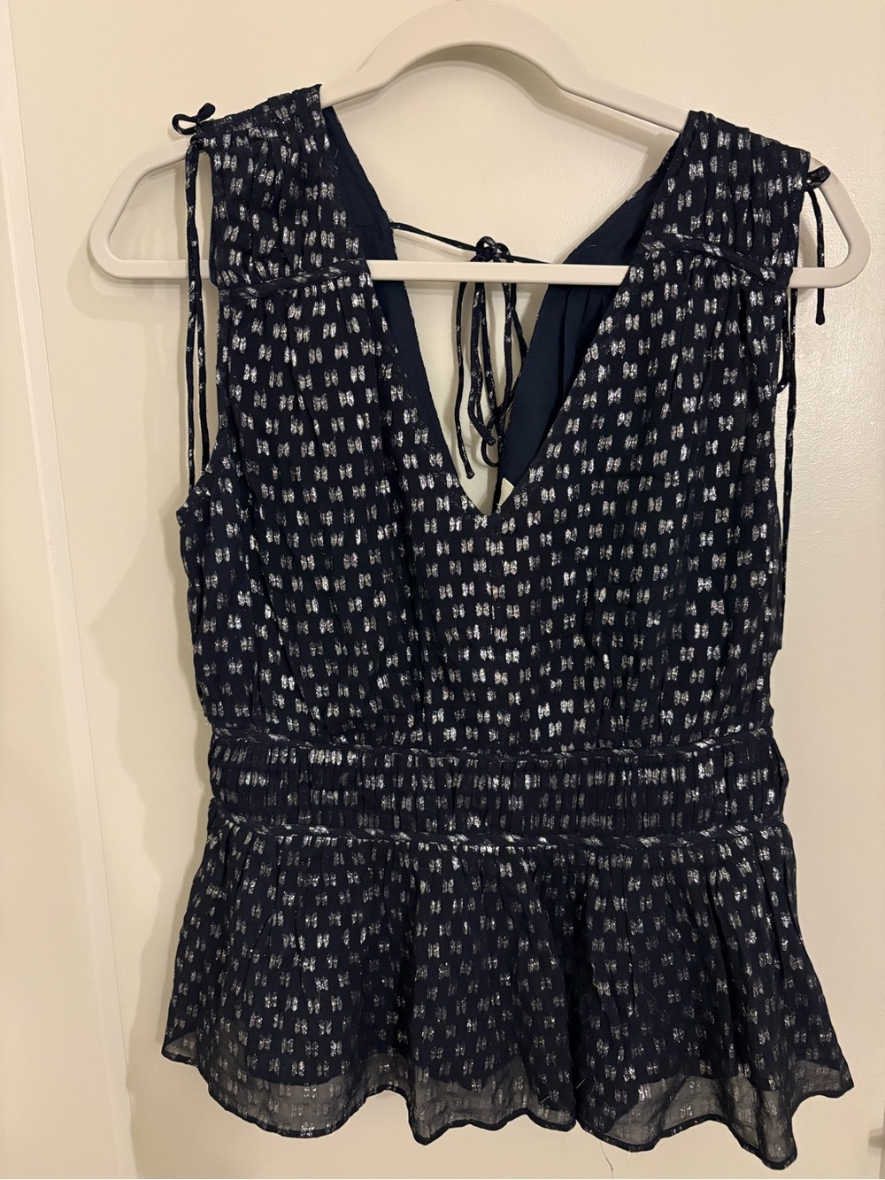 Parker Navy and White Strapless Printed Peplum Dress